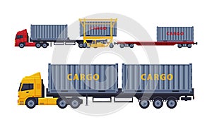 Large Truck as Cargo Transport with Metal Container as Freight Delivering Service Vector Set