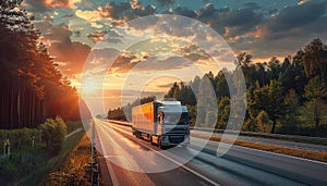 A large truck is driving down a road with a sunset in the background by AI generated image