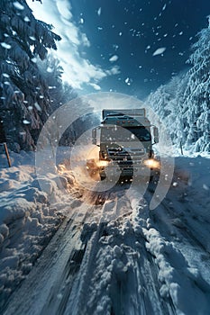 A large truck driving down a snow covered road during the winter at night