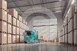 a large truck driving through a warehouse filled with boxes, generative ai