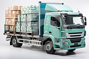 A large truck loaded with cargo shipments. White isolated