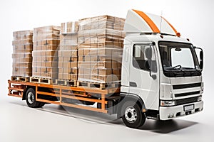 A large truck loaded with cargo shipments. White isolated