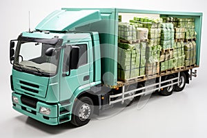 A large truck loaded with cargo shipments. White isolated