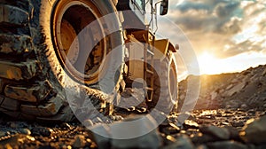 A large truck navigates down a rocky road on a construction site, its wheels gripping the rough terrain as it plows ahead