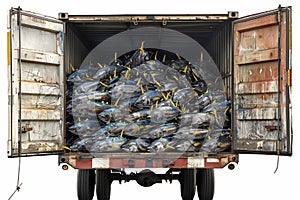 A large truck is seen loaded with a bunch of fish, ready to be transported