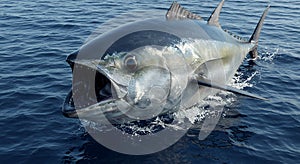 Large Tuna Fish Leaping From Ocean Water with Mouth Open Wide photo