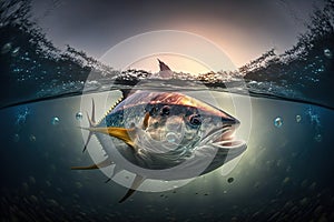 Large tuna fish underwater, split frame, AI generative