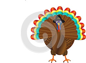 Large Turkey Illustration Wearing Pilgrim Hat with Feathers Spread