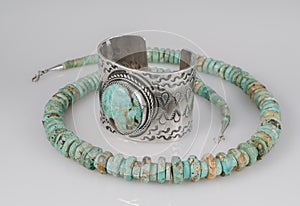 Large Turquoise Silver Cuff Bracelet and Necklace