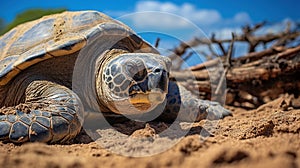 a large turtle laying on top of a sandy beach next to a pile of sticks. generative ai