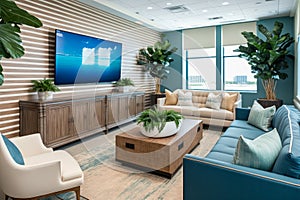 Large tv display monitor in foyer, lobby, office hall. Coastal style interior. Generative AI