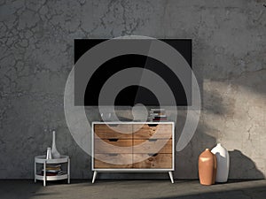 Large Tv Mockup hanging on wall in living room with concrete wall and chest