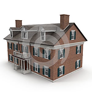 Large two story vintage Colonial style house on white. 3D illustration