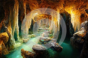 Large underground cave with a rocky path and stream feeding a small lake