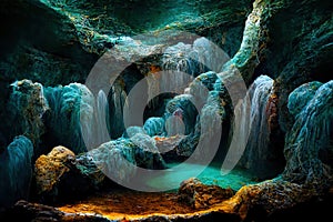 Large underground cave with a rocky path and stream feeding a small lake