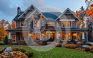 Large upscale home in the suburbs at dusk in the fall.