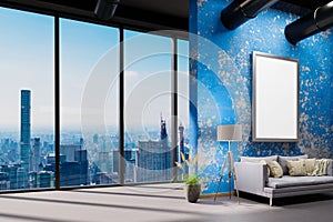 large urban skyline loft office with blue wall and white canvas copy space in front of panoramic window skyline view, 3D