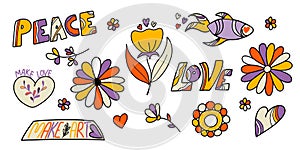 A large vector set of retro groove elements from the 70s, cute stickers in the funky hippie style.