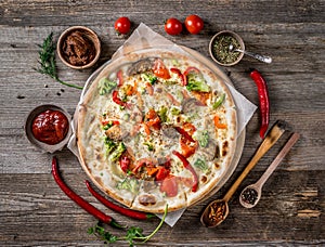 Large vegeterian pizza with sauces and pepper