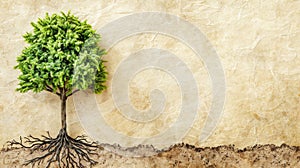 Large verdant tree with visible roots underground against blank backdrop for text placement