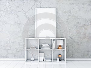 Large Vertical poster Mockup with white frame standing on bureau with books and decor