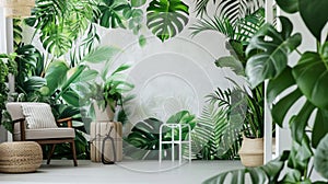 Large vibrant leaves sprout from the plants reaching towards the ceiling and adding a touch of life to the room.