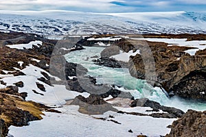 Large view of Godafoss Waterfall and the river Iceland