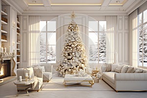 Large view of a modern cream style living room with Christmas decorations, tree and Christmas gifts