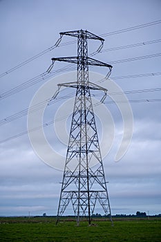 Large view of the power lines on the field with cloudy background