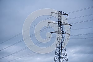 Large view of the powerlines on the field with cloudy background