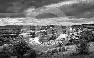 Large view by wide angle on small typical village close to the Seine River near Rouen in France. Nice countryside panorama