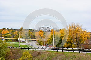 Large vigorous yellow, red, green trees, bushes, plants growing among concrete structures, places and structures.