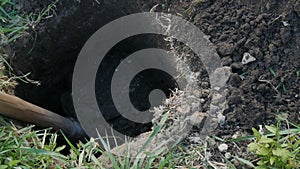 A large vintage old spade digs a hole in the ground