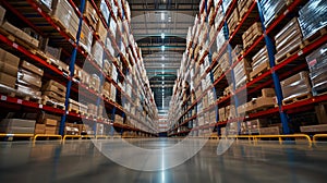 a large warehouse with aisles filled with goods and shelves in the center