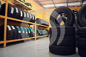 Large warehouse of car tires, rack with customer car tires in warehouse of a tire dealer