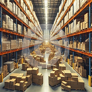 large warehouse with card boxes products goods stock factory inventory storage area for background. ai generative