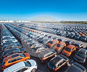 large warehouse of cars on the site of the car dealership. Storage of new machines