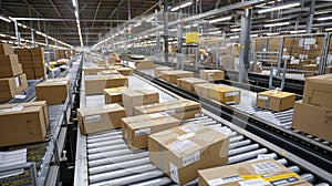 A large warehouse filled with numerous unsorted parcels of different sizes on conveyors