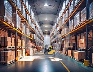 A large warehouse filled with stacked pallets and a forklift operator at work