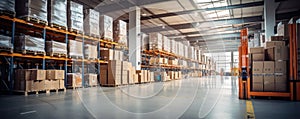 Large warehouse full of shelves with goods in cartons, with pallets and forklifts.