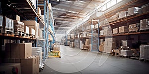 A large warehouse interior filled with lots of boxes, towering stacks, organized chaos for commercial or logistical concepts