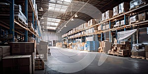 A large warehouse interior filled with lots of boxes, towering stacks, organized chaos for commercial or logistical concepts