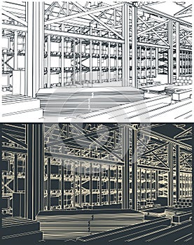 Large warehouse interior sketches