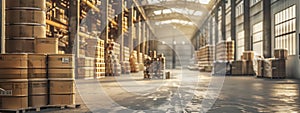 Large warehouse interior with stacked pallets in warm lighting