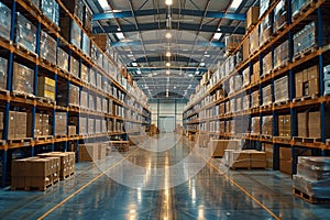 A large warehouse with many boxes stacked on shelves