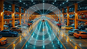 A large warehouse with many cars in it