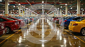 A large warehouse with many cars parked in it