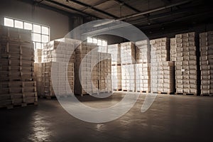 Large warehouse with packed goods on pallets