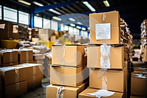 Large warehouse with piles of cardboard boxes and papers. Waste paper collection, garbage recycling concept