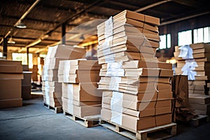 Large warehouse with piles of cardboard boxes and papers. Waste paper collection, garbage recycling concept